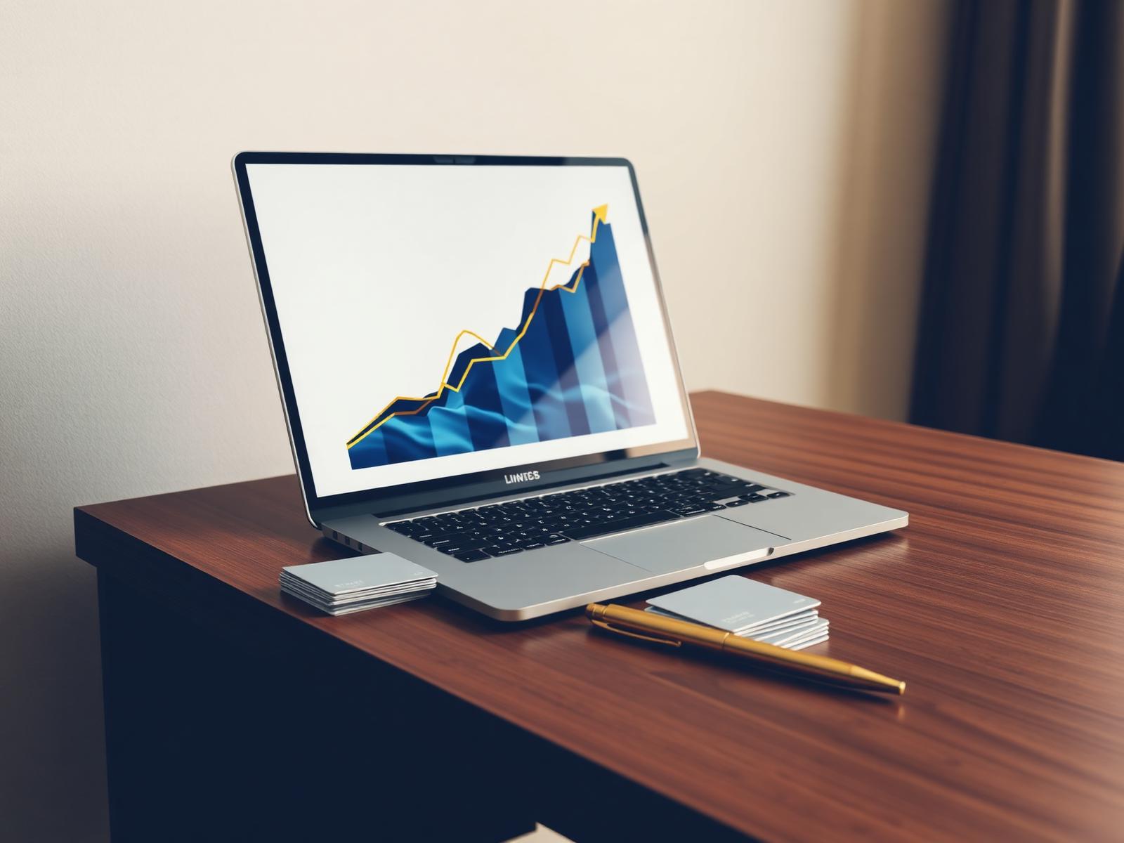 Modern workspace with a laptop, gold pen, and cards representing Lambert Global trade line services